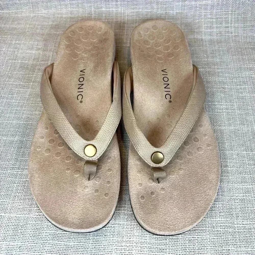 Vionic Rest Davina Semolina tan faux‎ leather thongs sandals size 11 comfort